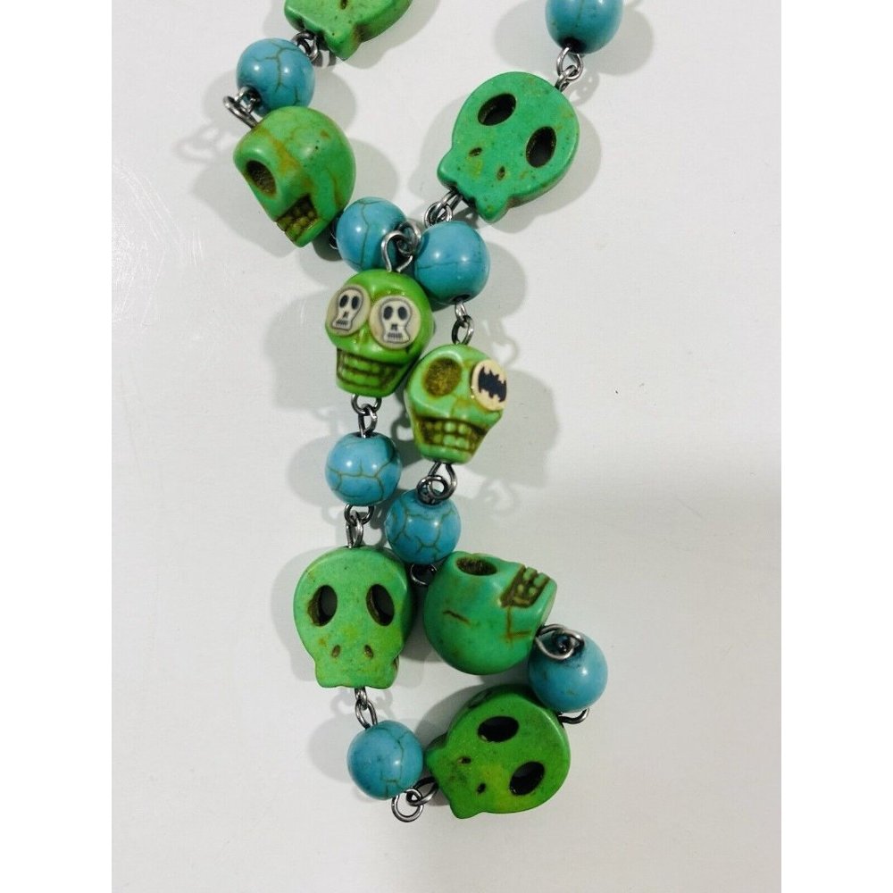 Skull Beaded Necklace Green Blue Carve Prayer Tibet Buddhist Mala Halloween 32”